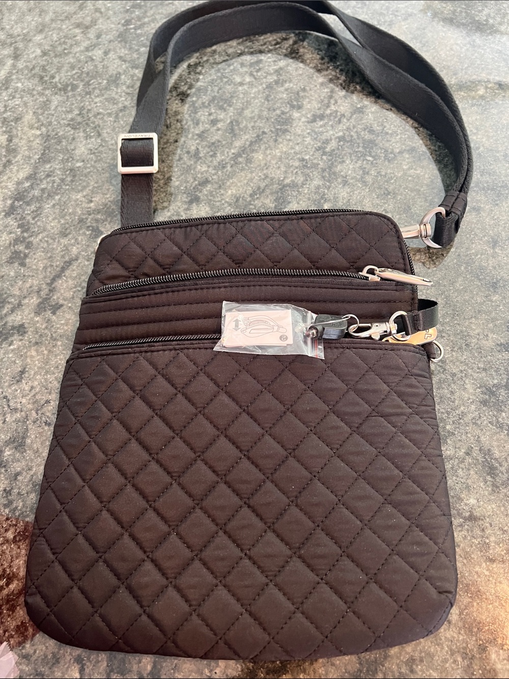 Travelon Black Quilted Crossbody with Brushed Silver Hardware